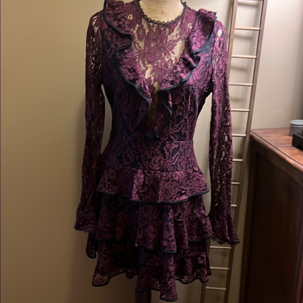 Alexis Lace Ruffle Dress in maroon